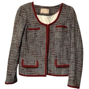 Banana Republic Red Trim Tweed Blazer Burgundy Ivory Black Size 12